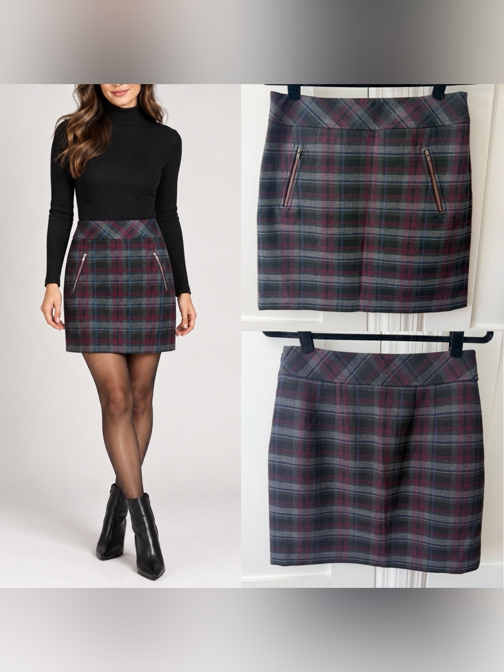 LOFT Plaid Zip Pockets Mini Skirt Burgundy Sz 4